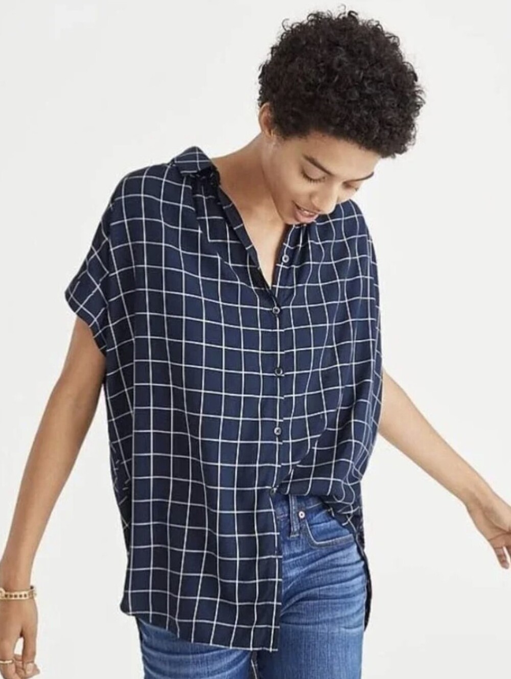 MADEWELL central Blouse L Navy Windowpane Shirt Boxy Plaid Button Down Top